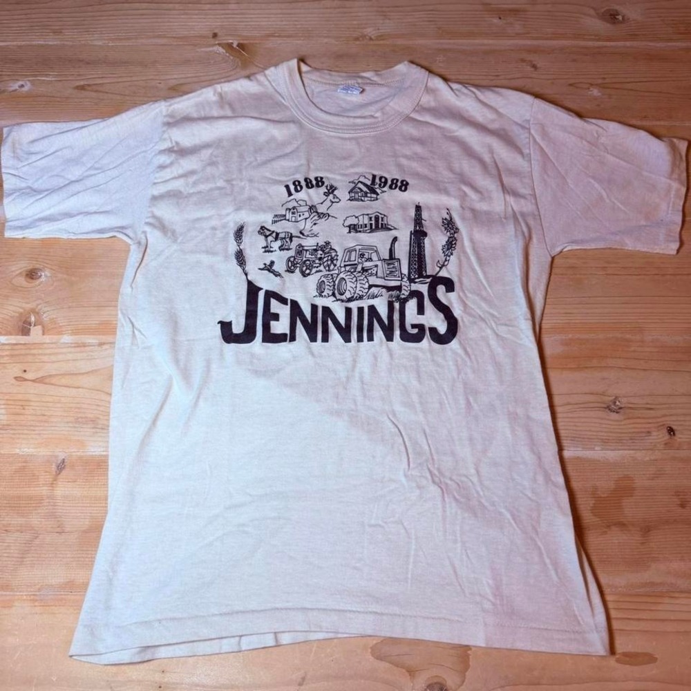 Vintage 1988 Jennings‎ Centennial T-Shirt Mens Cream Graphic Single Stitch Tee